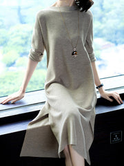 Knitted Slit H-line Long Sleeve Dress