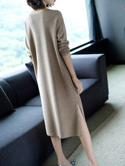 Knitted Slit H-line Long Sleeve Dress