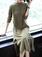 Knitted Slit H-line Long Sleeve Dress