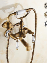 Bathroom Sink Faucet,Brass Telephone Shape Wall Installation Widespread Pull-out Country Style Electroplated Copper Finish Two Handles Bathtub Faucet with Handshower and Drain