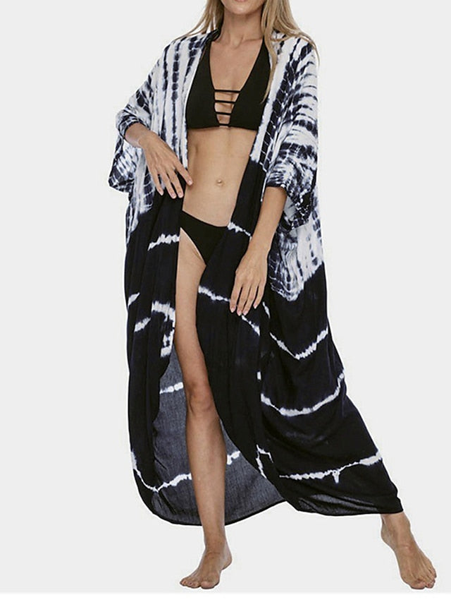 Beach Dress Beach Wear Long Dress Maxi Dress Lace up Basic Casual Tie Dye Open Front 3/4 Length Sleeve Loose Fit Outdoor Daily Black White  Summer Spring One Size for Women