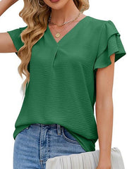 Blouse Ruffle Chiffon Solid / Plain Color Basic Summer Black White Sky Blue Green Rose Red for Women