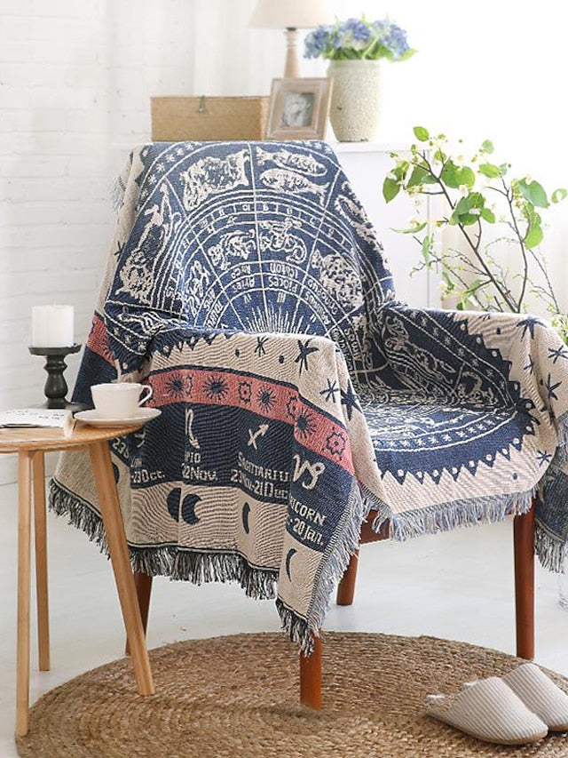 Boho Woven Throw Blanket Reversible Cotton Bohemian Couch Sofa Cover Sofa Blanket Witchy Astrology Zodiac Celestial Constellation Hippie Room Decor Tapestry Tablecloth Double Sided
