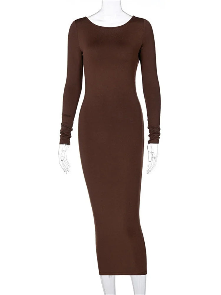 Elegant Backless Brown Long Sleeve Midi Bodycon Dress