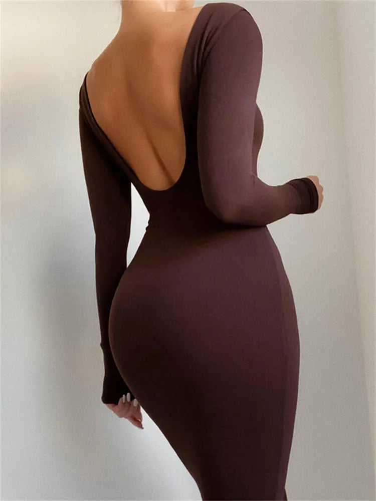 Elegant Backless Brown Long Sleeve Midi Bodycon Dress