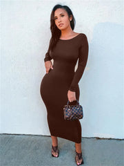 Elegant Backless Brown Long Sleeve Midi Bodycon Dress