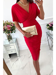 Bodycon Midi Dress Red Green Beige Short Sleeve Pure Color Patchwork Spring Summer V Neck Stylish  S M L XL XXL for Women