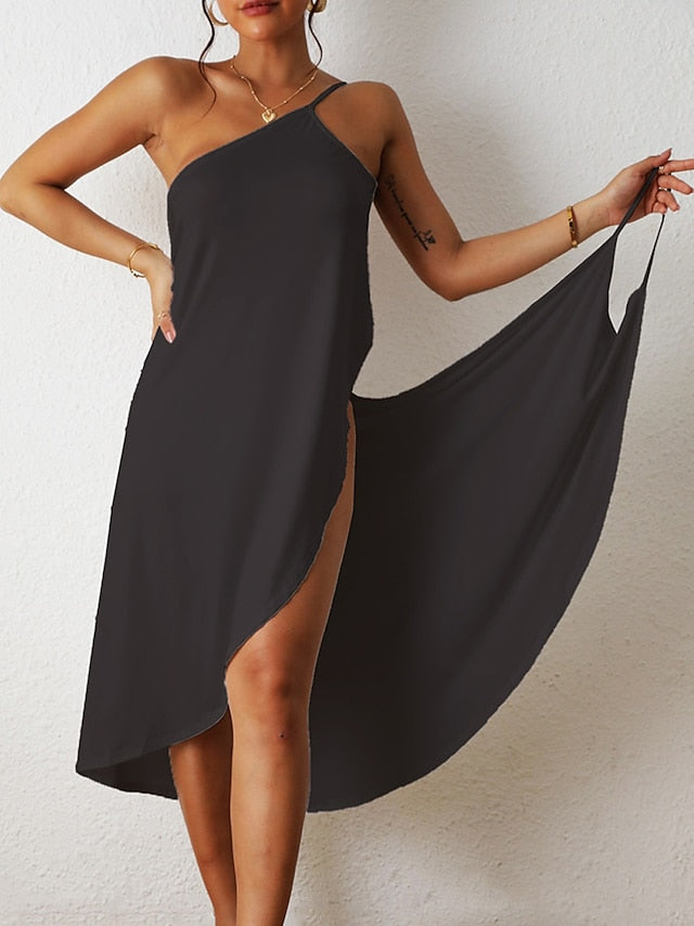 Beach Dress Resort Wear Beach Wear Midi Dress Backless Casual Plain Halter Sleeveless Loose Fit Outdoor Vacation Black White  Spring Summer S M L XL for Women