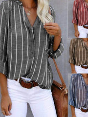 Blouse T shirt Stripe Striped Modern Shirt Collar Stard Spring &  Fall Blue Grey for Women