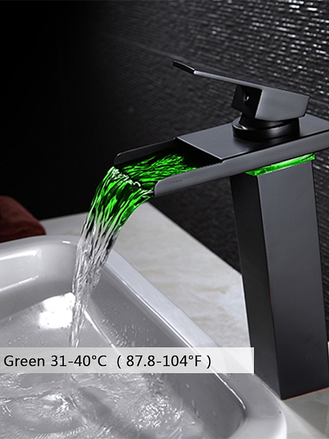 Bathroom Vessel Faucet Tall LED Waterfall Spout 3 Color Changes with Temperature, Sink Mixer Mono Basin Taps, Single Handle One Hole Brass Washroom Vessel Tap Deck Mounted