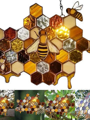 Bee Honeycomb Stained Honeybee Window Hangings Ornament Suncatcher, Beehive Stained Panel Handcrafted Modern Sunflower Stained Window Hangings Colorful Bee Pendant Art Ornaments
