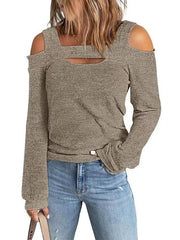 Blouse Hollow Out Plain Basic Off Shoulder Standard Spring &  Fall Black Pink Red khaki Grey for Women