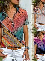 Blouse T shirt Zipper Print Multi Color Tropical Shirt Collar T-shirt Sleeve Regular Spring &  Fall Pattern 5 Pattern 7 Pattern 8 for Women