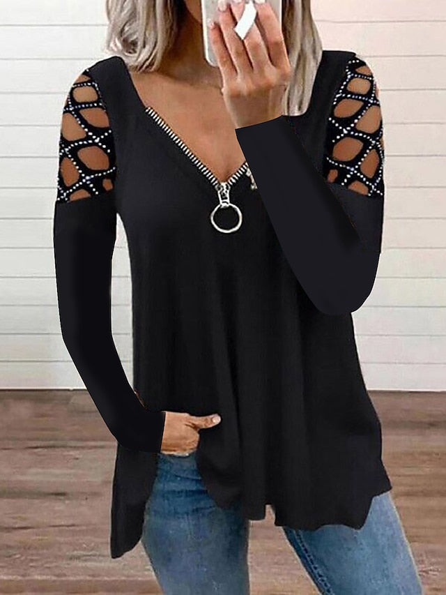 Blouse Black Pink Wine Plain Cut Out Flowing tunic Long Sleeve Casual Weekend Basic V Neck Regular S for Women