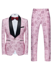 Black White Pink Men's Party Prom Tuxedos 2 Piece Shawl Collar Floral Slim Fit Single Breasted One-button