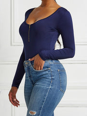 Bodysuit Black White Yellow Plain Quarter Zip Long Sleeve Casual Basic U Neck S for Women
