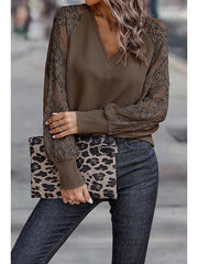 Blouse Lace Solid Color Lace Lace V Neck Standard Spring, Fall, Winter, Summer dark brown Ash Green Black for Women