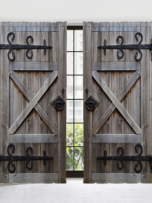 Blackout Curtain Drapes Farmhouse Grommet/Eyelet Barn Wood Door Curtain Panels For Living Room Bedroom Door Kitchen Window Treatments Thermal Insulated Room Darkening
