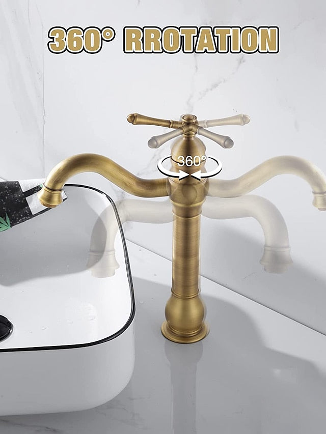 Bathroom Sink Mixer Faucet Deck Mounted, 360 Swivel Washroom Basin Taps Single Handle Rose One Hole Electroplated Faucet with Hot and Cold Water Gold/Black/Brushed Gold/Brass/Rustic Nickel