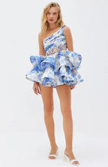 Andrea Floral Printed One-shoulder Mini Chiffon Dress