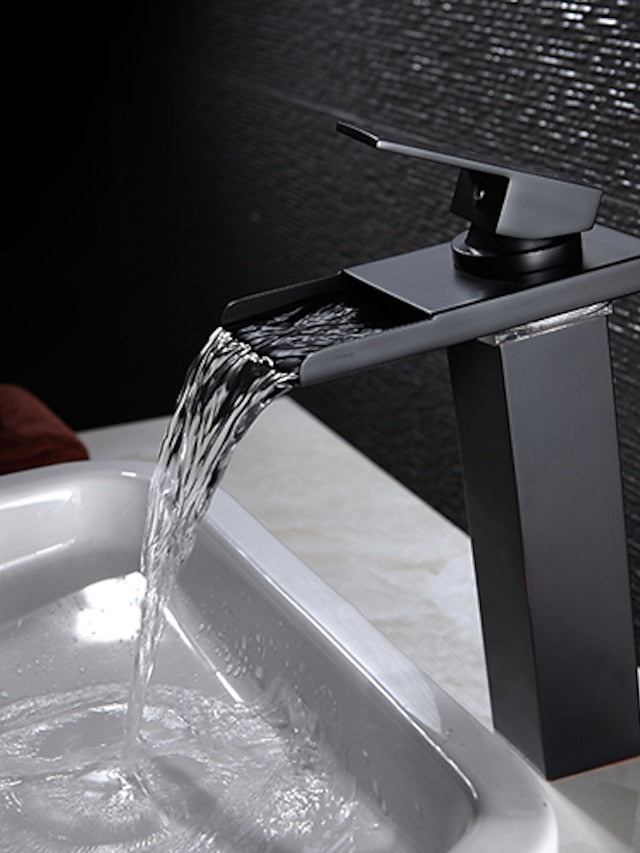 Bathroom Vessel Faucet Tall LED Waterfall Spout 3 Color Changes with Temperature, Sink Mixer Mono Basin Taps, Single Handle One Hole Brass Washroom Vessel Tap Deck Mounted