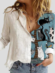 Blouses Cartoon Print Lapel Long Sleeve Button Blouses for Women