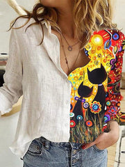 Blouses Cartoon Print Lapel Long Sleeve Button Blouses for Women