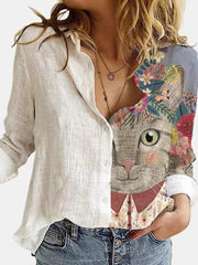 Blouses Cartoon Print Lapel Long Sleeve Button Blouses for Women