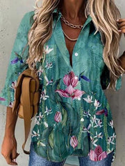 Blouses Long Sleeve Floral Print Lapel Blouses for Women