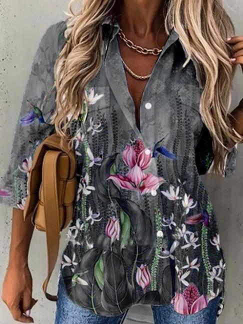 Blouses Long Sleeve Floral Print Lapel Blouses for Women