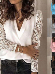 Blouse Lace Patchwork Solid / Plain Color Elegant & Luxurious V Neck Regular Spring &  Fall Black White Pink Blue Grey for Women