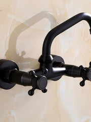 Bathroom Sink Mixer Faucet Wall Mount, Vintage 2 Handle 3 Holes Basin Taps with Cold Hot Water Hose, Washroom Mono Basin Vessel Taps Deck Mounted Oil-rubbed Bronze