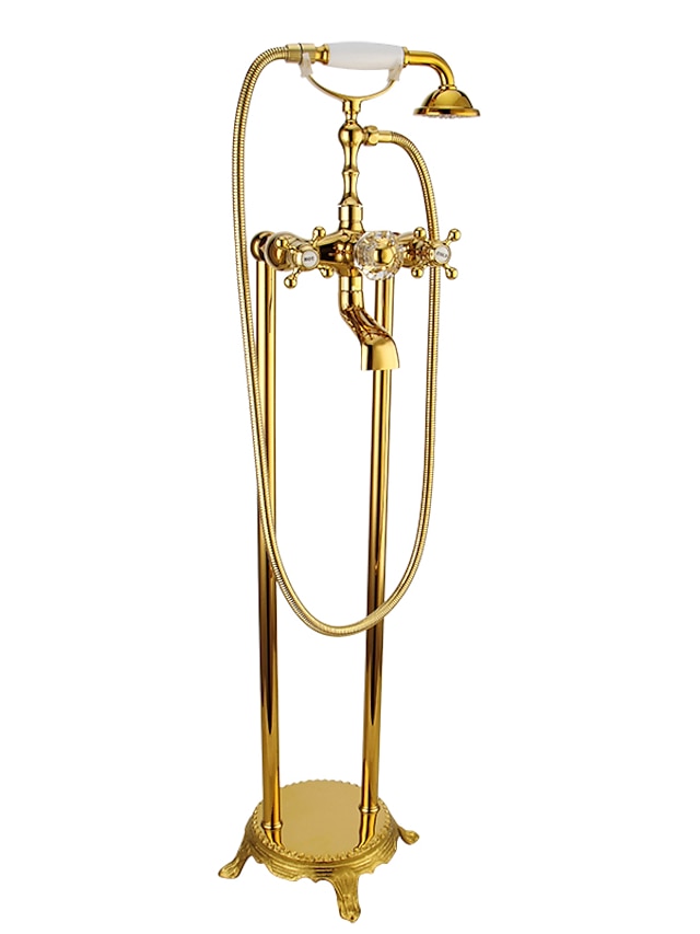 Bathtub Faucet Floor Mounted, Brass Retro Style Telephone Shape Brass Electroplated Finish Two Handles Two Holes Shower Faucet with Handshower and Drain
