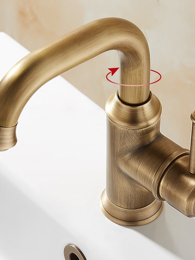 Bathroom Sink Mixer Faucet Vintage Deck Mounted, 360 Swivel Rotatable Single Handle One Hole Monobloc Washroom Basin Taps with Hot and Cold Water Hose Antique Brass ORB