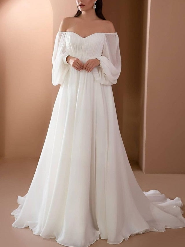 Beach Vintage Wedding Dresses A-Line Off Shoulder Long Sleeve Court Train Chiffon Bridal Gowns With Pleats Beading 2023 Summer Wedding Party, Women's Clothing