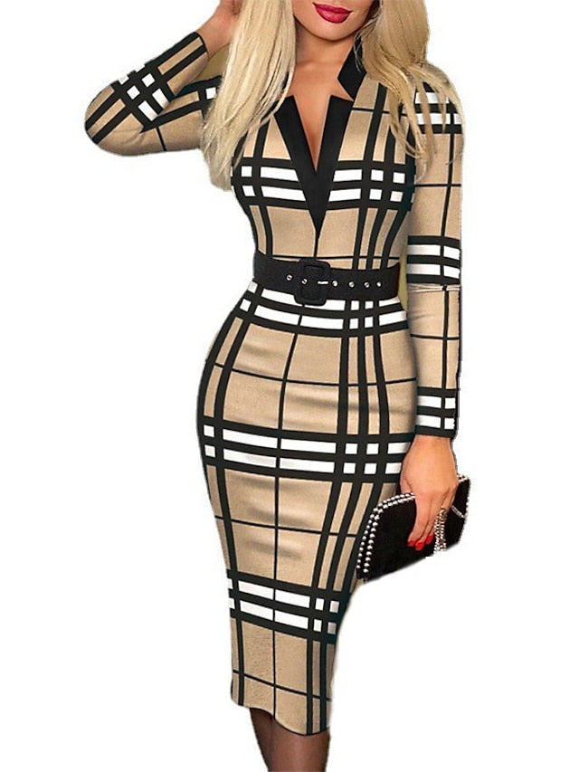 Bodycon Sheath Dress Modern Dress Midi Dress Black Khaki Beige Long Sleeve Geometric Print Spring Fall Autumn V Neck Stylish Winter Dress Fall Dress  S M L XL XXL for Women