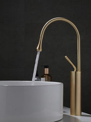 Bathroom Sink Mixer Faucet Brushed Gold Tall Deck Mounted, High Arc Vessel Tap Single Handle One Hole Standard Spout Wahsroom Basin Taps with Cold and Hot Water Hose