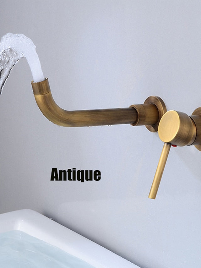 Bathroom Sink Mixer Faucet Wall Mounted, 2 Holes Single Handle Wash Basin Sink Mixer Brass Taps Rough in Valve with Cold Hot Water Hose, Aged Bronze/Black Satin Nickel/Bright Chrome