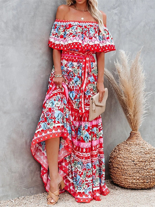 Boho Dress Beach Dress Beach Wear Long Dress Maxi Dress Ruffle Print Boho Casual Floral Off Shoulder Short Sleeve Loose Fit Outdoor Daily Black White  Spring Summer S M L XL for Women