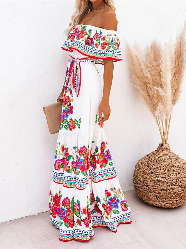 Boho Dress Beach Dress Beach Wear Long Dress Maxi Dress Ruffle Print Boho Casual Floral Off Shoulder Short Sleeve Loose Fit Outdoor Daily Black White  Spring Summer S M L XL for Women