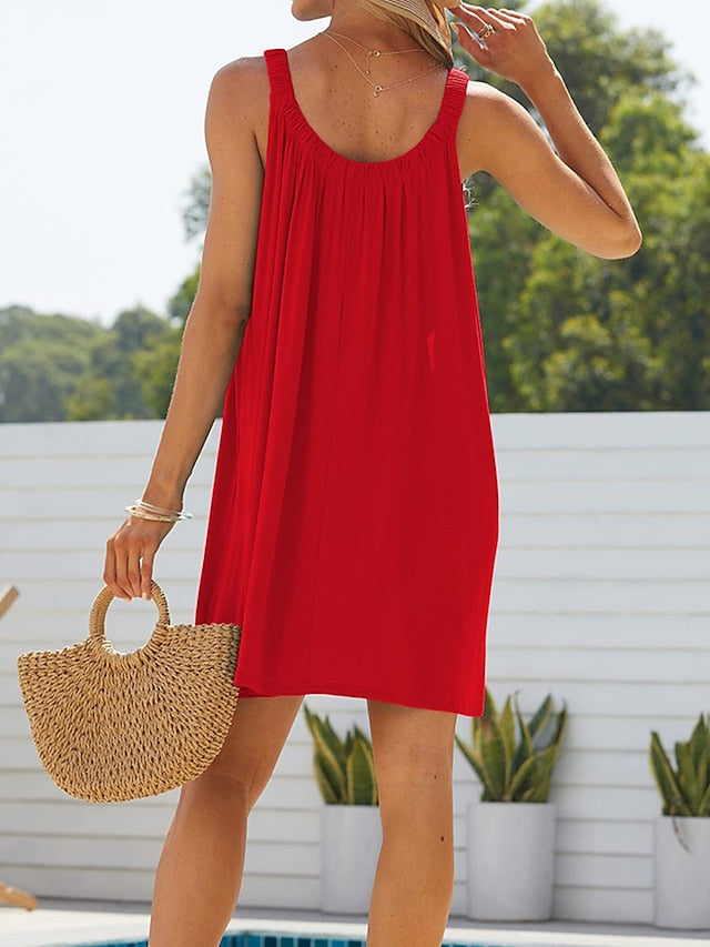 Beach Dress Beach Wear Mini Dress Ruched Fashion Casual Plain Spaghetti Strap Sleeveless Loose Fit Daily Vacation Black White  Summer Spring S M L XL for Women