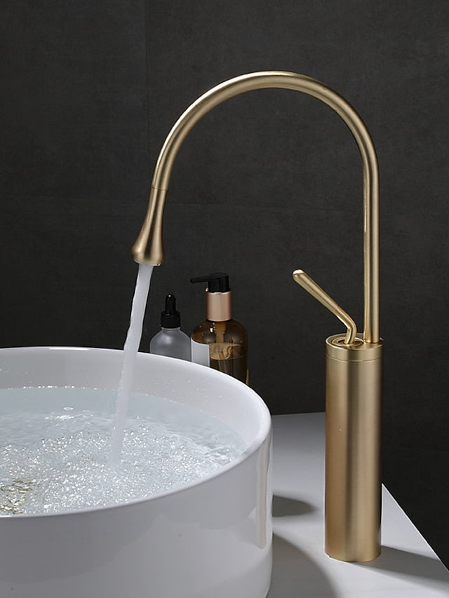 Bathroom Sink Mixer Faucet Brushed Gold Tall Deck Mounted, High Arc Vessel Tap Single Handle One Hole Standard Spout Wahsroom Basin Taps with Cold and Hot Water Hose