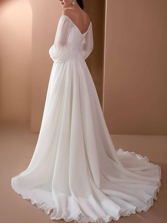 Beach Vintage Wedding Dresses A-Line Off Shoulder Long Sleeve Court Train Chiffon Bridal Gowns With Pleats Beading 2023 Summer Wedding Party, Women's Clothing