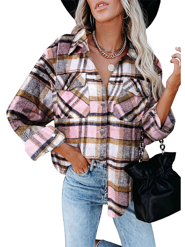 Blouse Streetwear Button-Down Grid Pattern Fashion Daily Check Shirt Collar Regular Spring &  Fall Light Coffee Green Pink Orange Red for Women