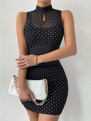 Bodycon Sheath Dress Black Dress Mini Dress Black Sleeveless Polka Dot Mesh Spring Summer Stand Collar Elegant Slim  XS S M L for Women