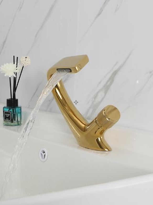 Bathroom Sink Faucet, Brass Waterfall Mixer Basin Taps Chrome Finish Single Handle One Hole Bath Tap with Hot and Cold Hose