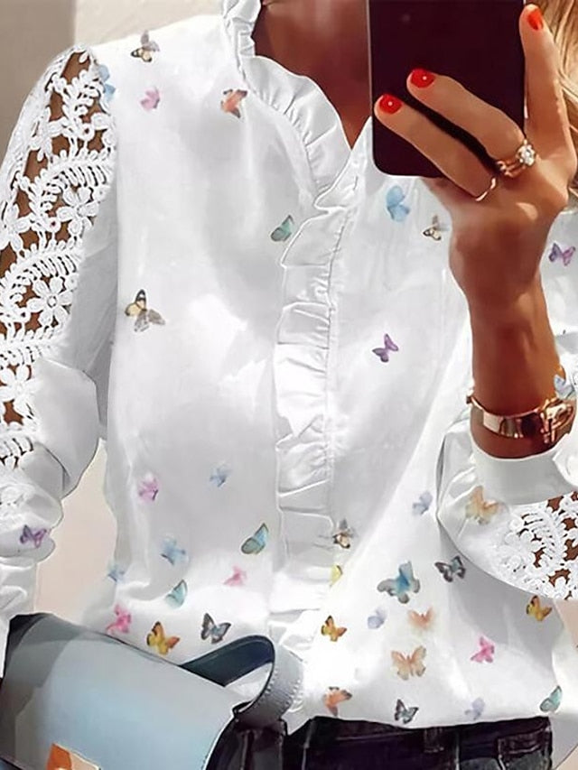 Blouse T shirt Tee Lace Butterfly Modern V Neck Standard Spring &  Fall White for Women