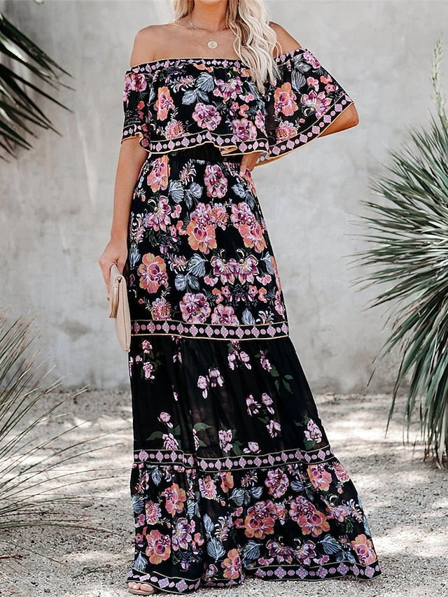 Boho Dress Beach Dress Beach Wear Long Dress Maxi Dress Ruffle Print Boho Casual Floral Off Shoulder Short Sleeve Loose Fit Outdoor Daily Black White  Spring Summer S M L XL for Women