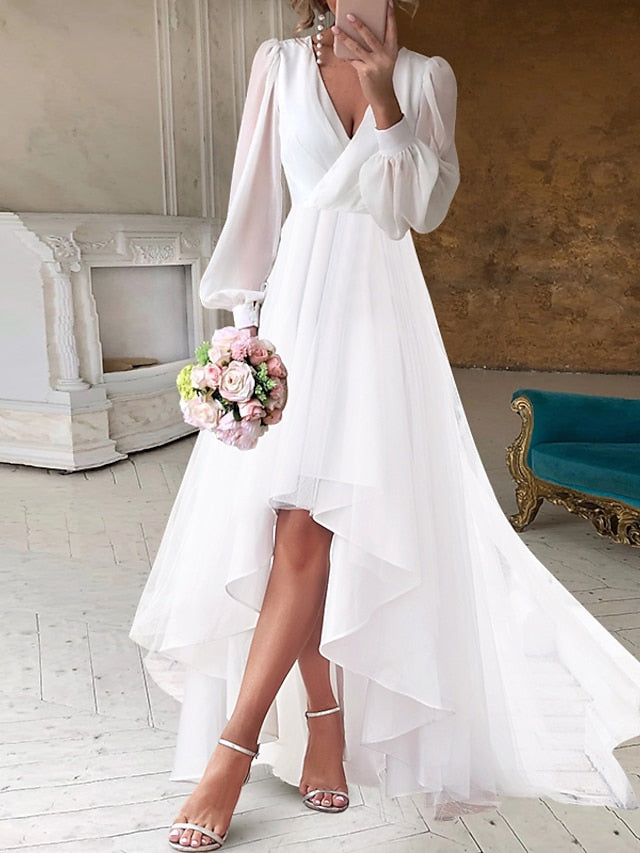 Bridal Shower Little White Dresses Casual Wedding Dresses A-Line V Neck Long Sleeve Asymmetrical Chiffon Bridal Gowns With Solid Color 2023 Summer Wedding Party, Women's Clothing