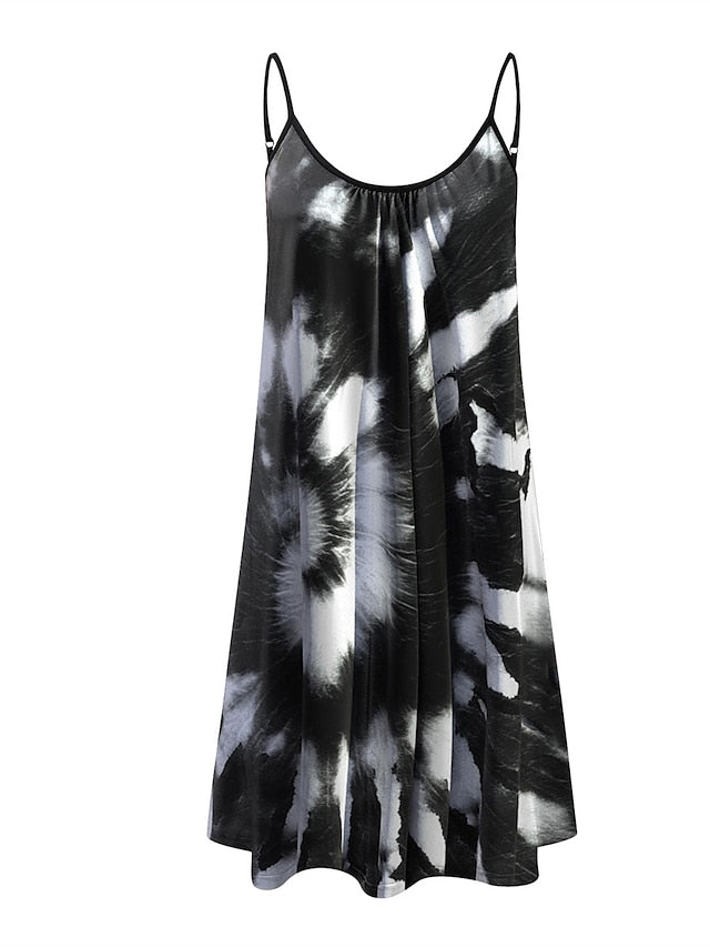Beach Dress Beach Wear Mini Dress Print Fashion Modern Geometric Spaghetti Strap Sleeveless Loose Fit Outdoor Daily Black And White Black  Summer Spring S M L XL for Women